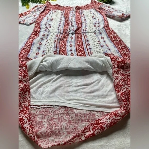 Saylor x Revolve Blossom Off The Shoulder Boho Printed Mini Dress in White Red S - Picture 12 of 15